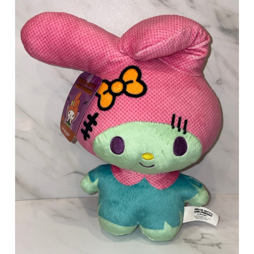Sanrio My Melody Plush Unisex 10" Pink Green Halloween Zombie Stitched Doll NWT